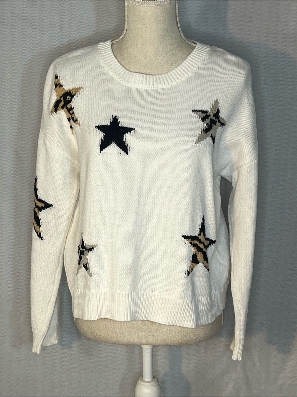 Tribal Sweater White W/Pattern Stars Long Sleeves Cotton Blend Crew Neckline M/P